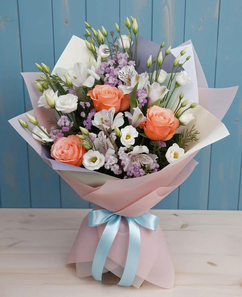 Букет цветов из: Лизиантусы, Розы, Альстромерии и Гипсофила в Натухаевской